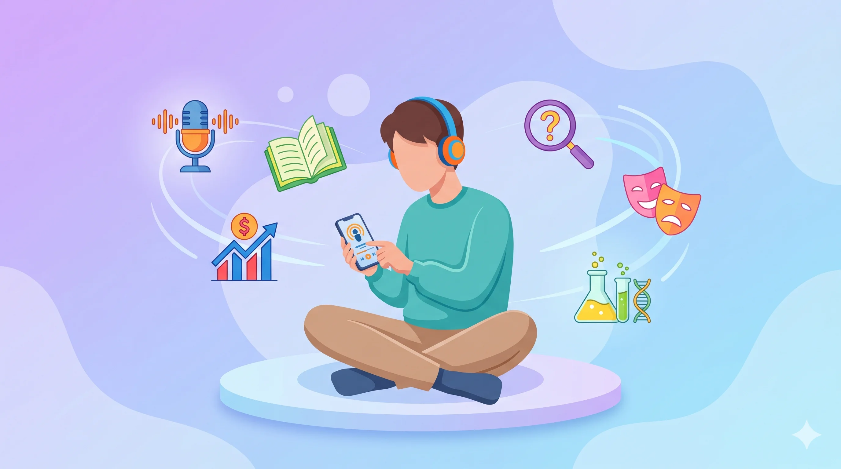 Illustration d'une personne portant des écouteurs, assise avec un smartphone, entourée d'icônes représentant différentes catégories de podcasts (micro, livre, graphique, loupe)