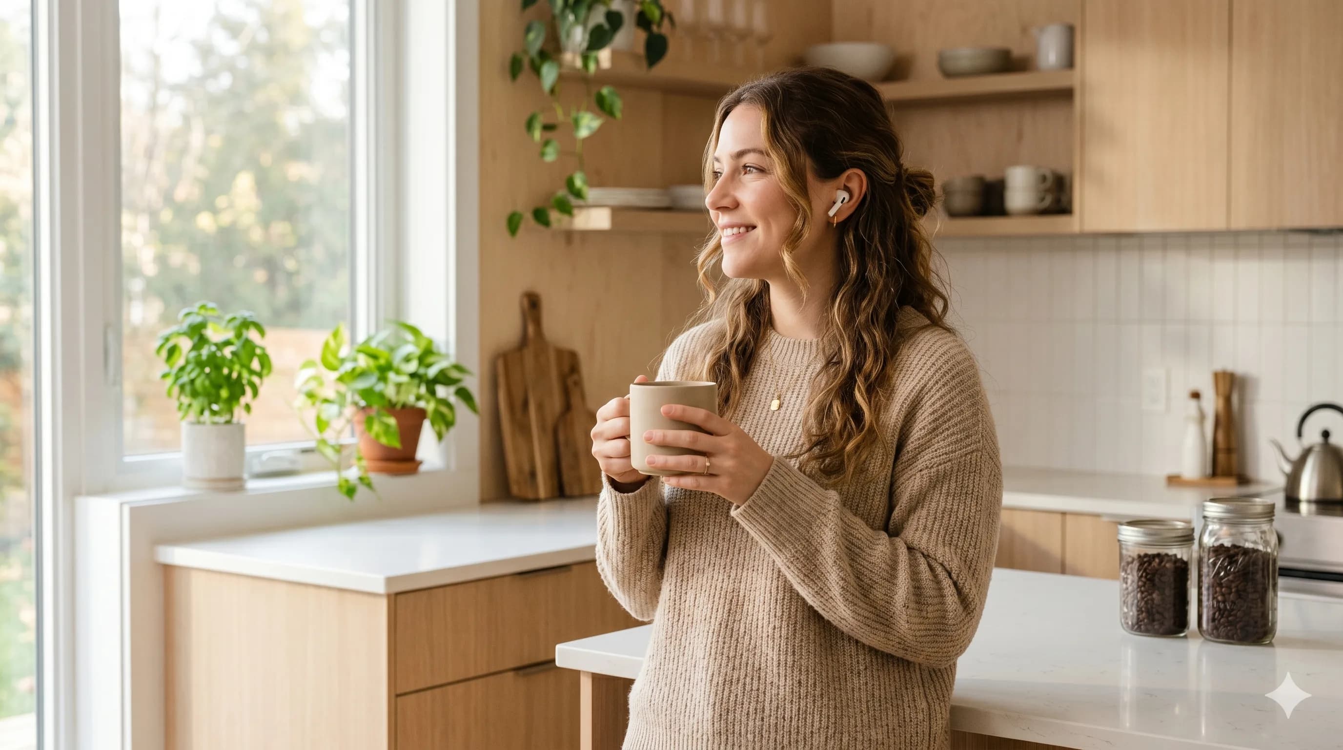 Personne écoutant un podcast avec des écouteurs pendant sa routine matinale, café à la main, ambiance chaleureuse et moderne