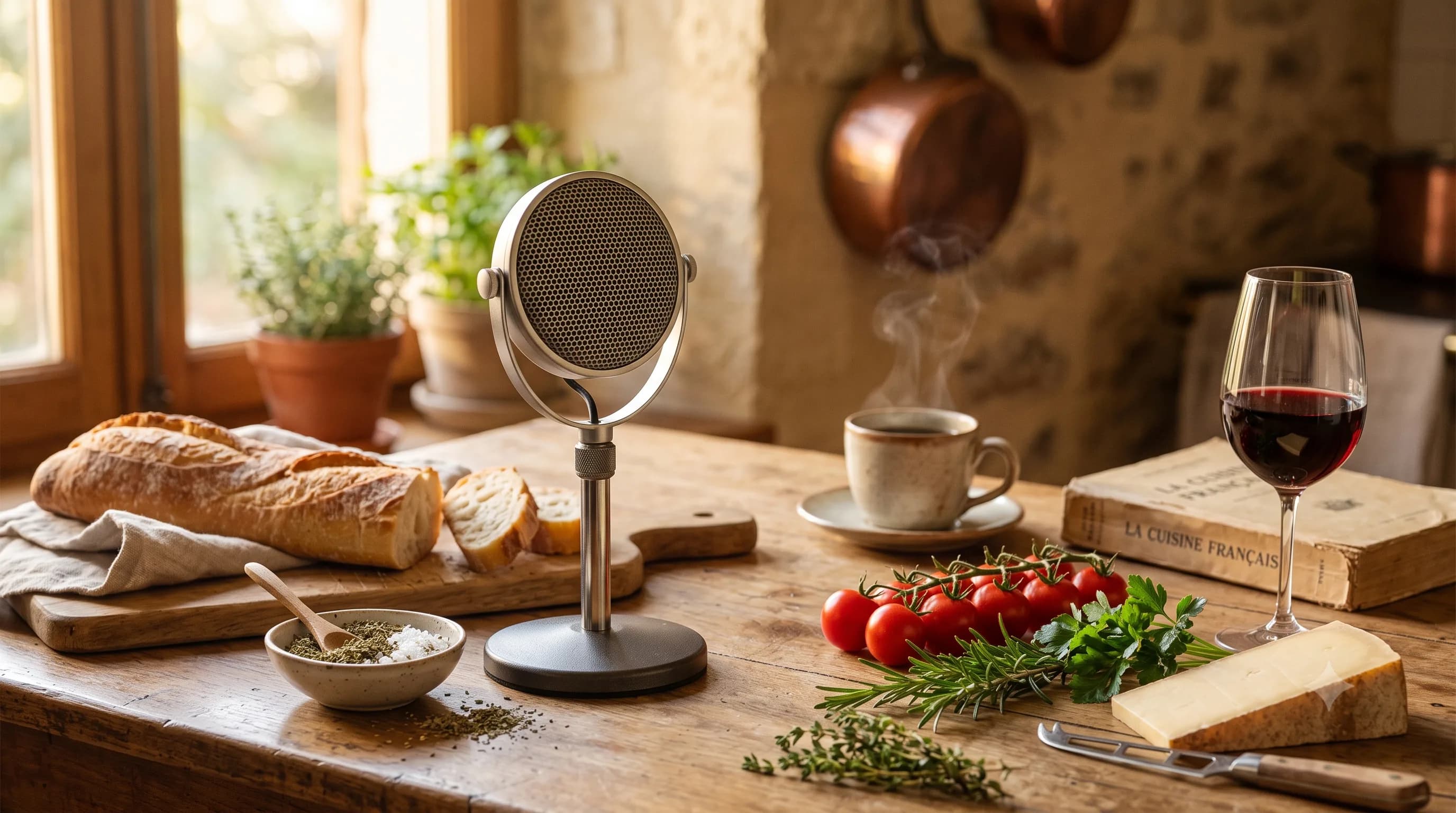 Micro de podcast vintage sur une table en bois, entouré d'ingrédients de cuisine français (herbes, tomates, fromage, verre de vin, baguette) sous une lumière chaleureuse, illustration des meilleurs podcasts cuisine et gastronomie