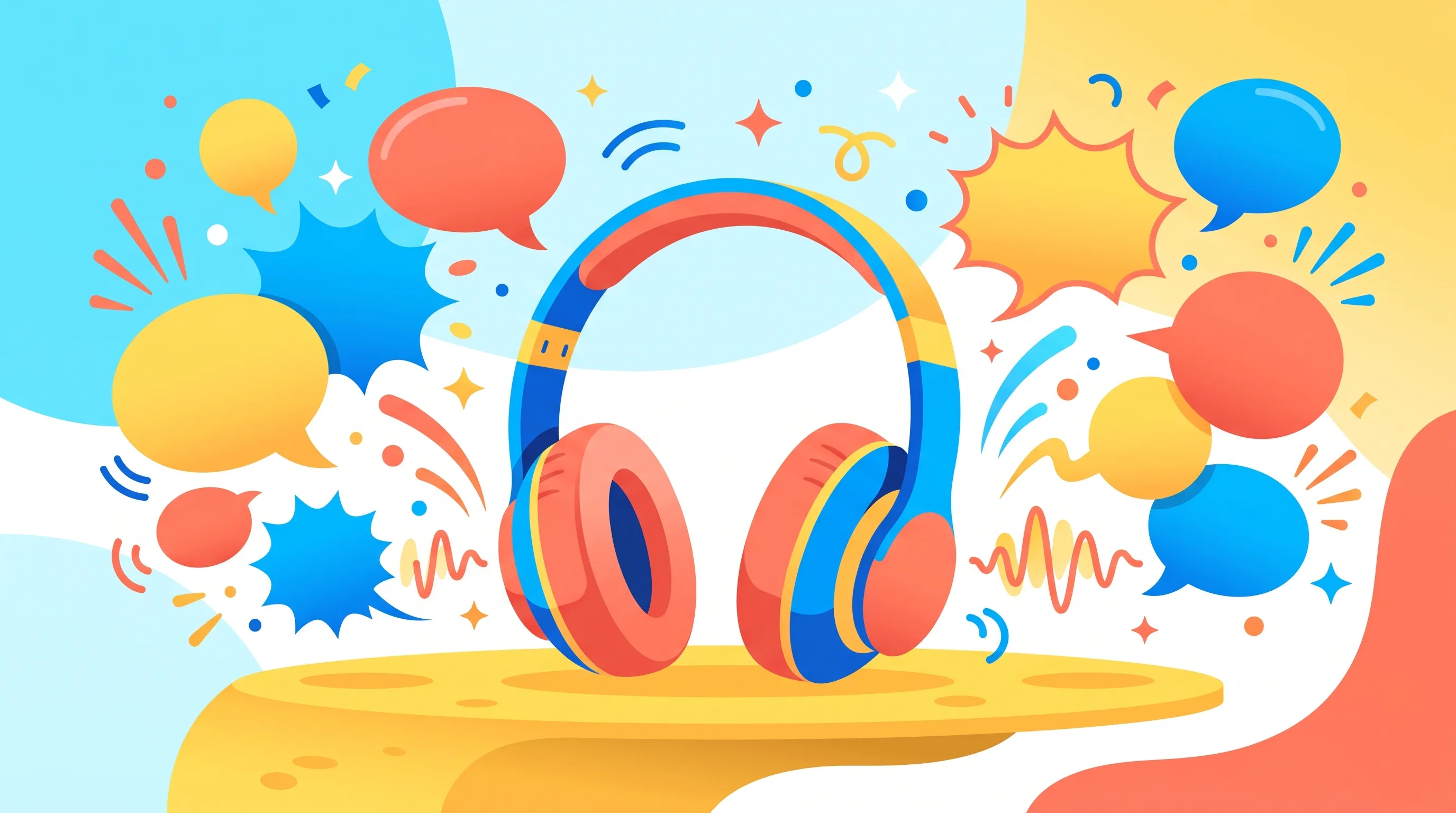Casque audio entouré de bulles de bande dessinée et d'ondes sonores colorées, illustrant les meilleurs podcasts d'humour et de comédie francophones