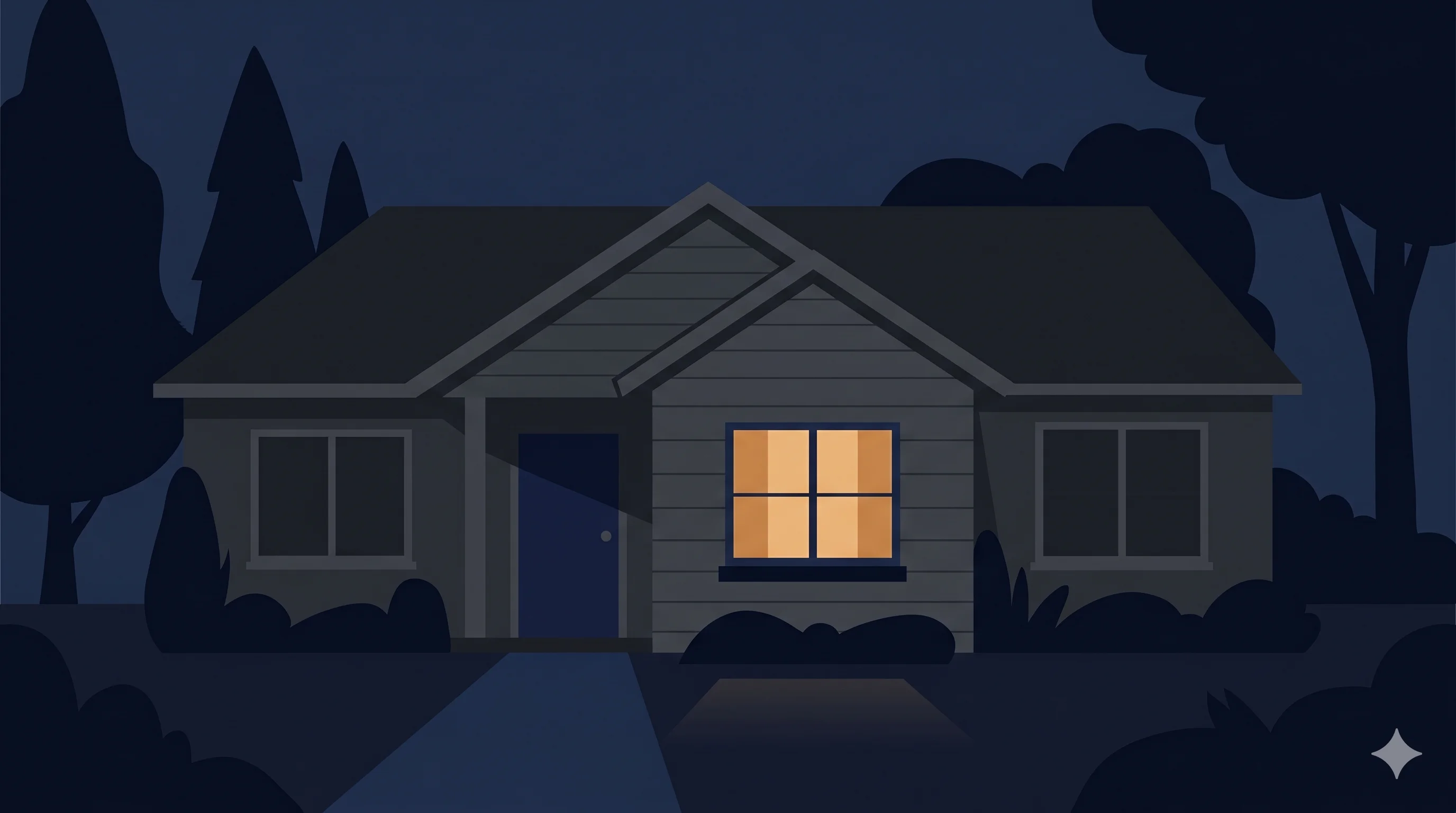 Illustration sombre et sobre montrant une maison vue de nuit avec une lumière allumée derrière une fenêtre, évoquant le thème des crimes domestiques dans un style graphique minimaliste