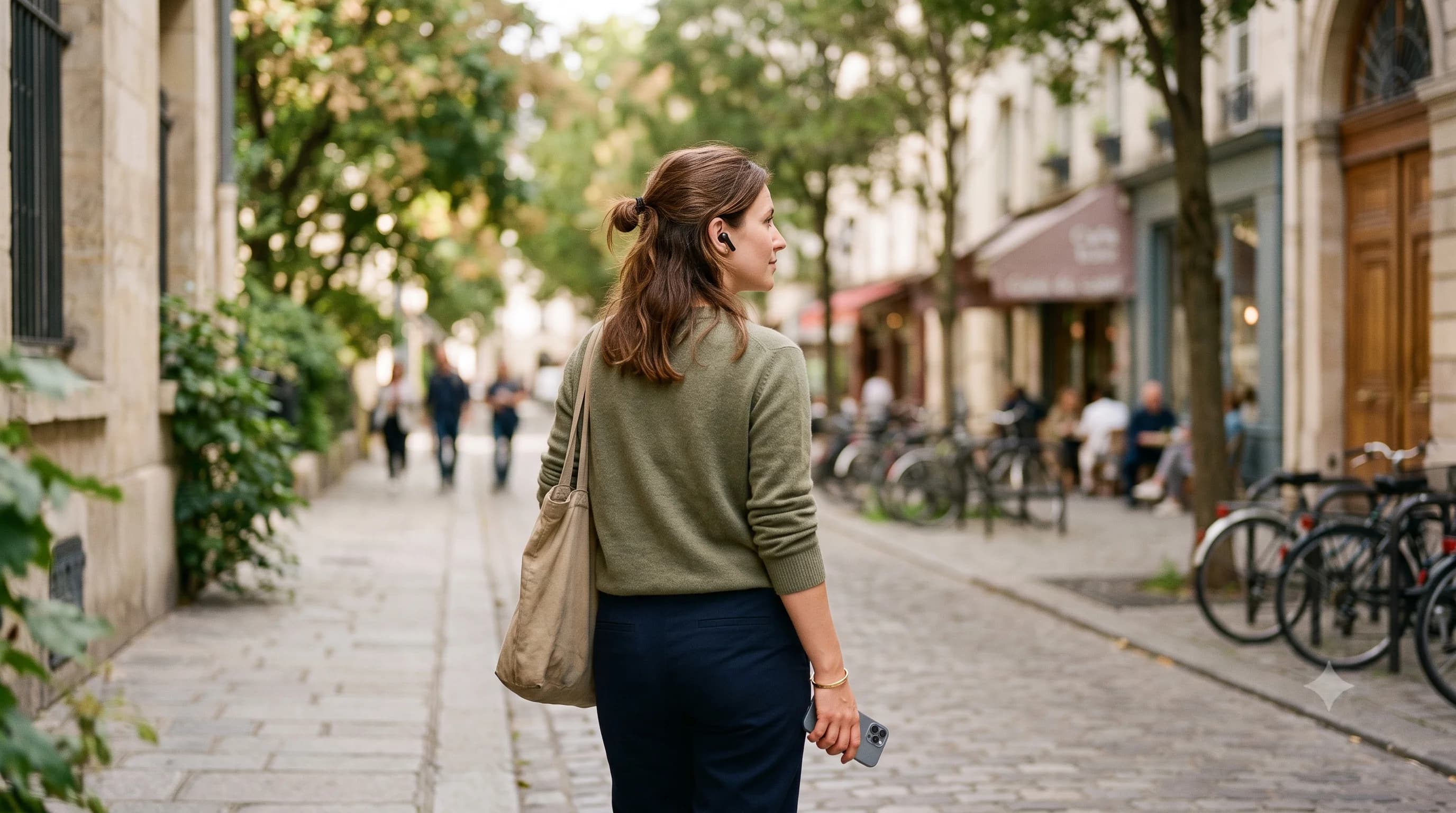 Une personne qui écoute un podcast avec des écouteurs pendant un trajet matinal, ambiance lumineuse et calme