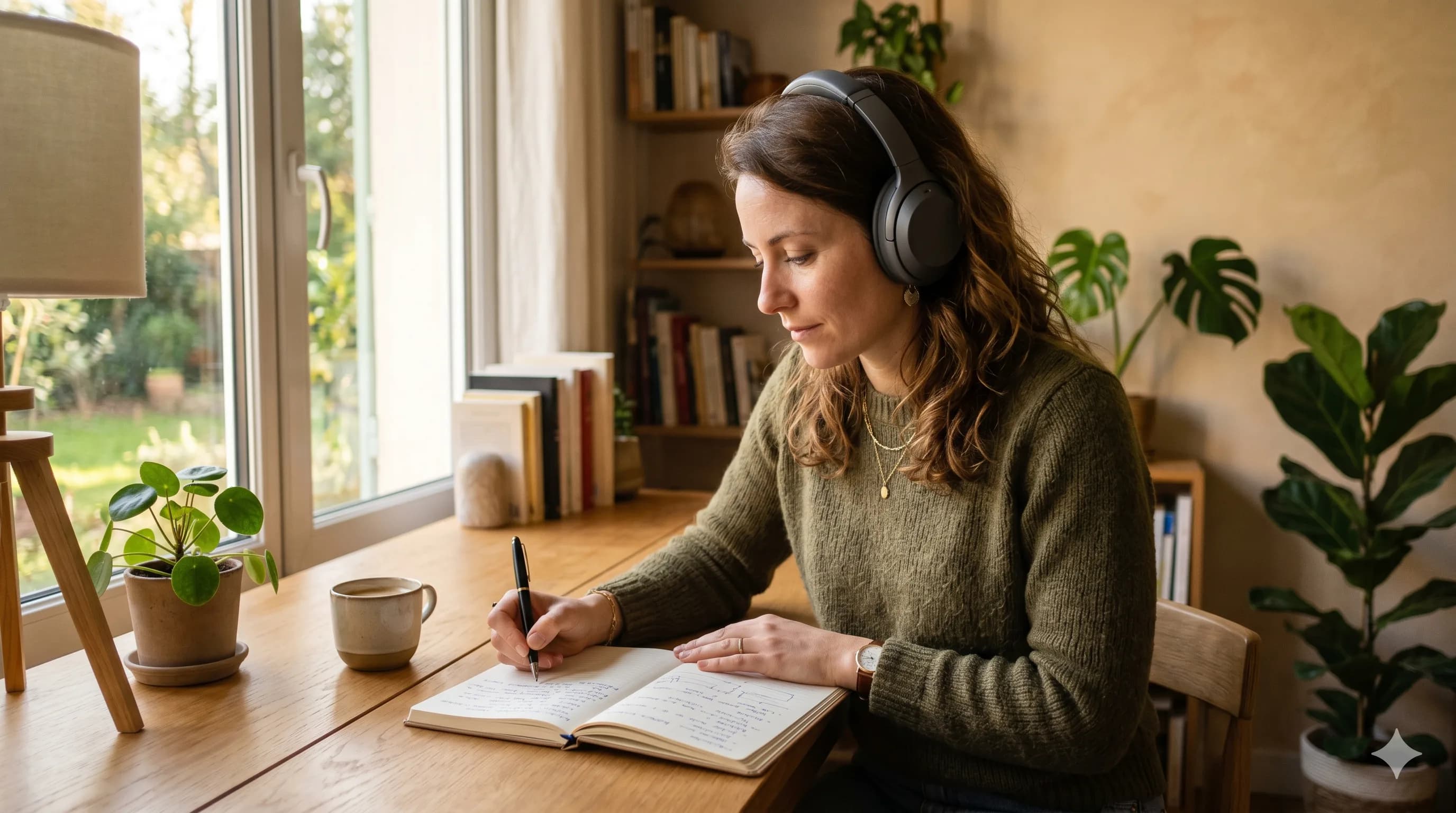 Une femme qui écoute un podcast dans un bureau lumineux, casque sur les oreilles, carnet de notes ouvert