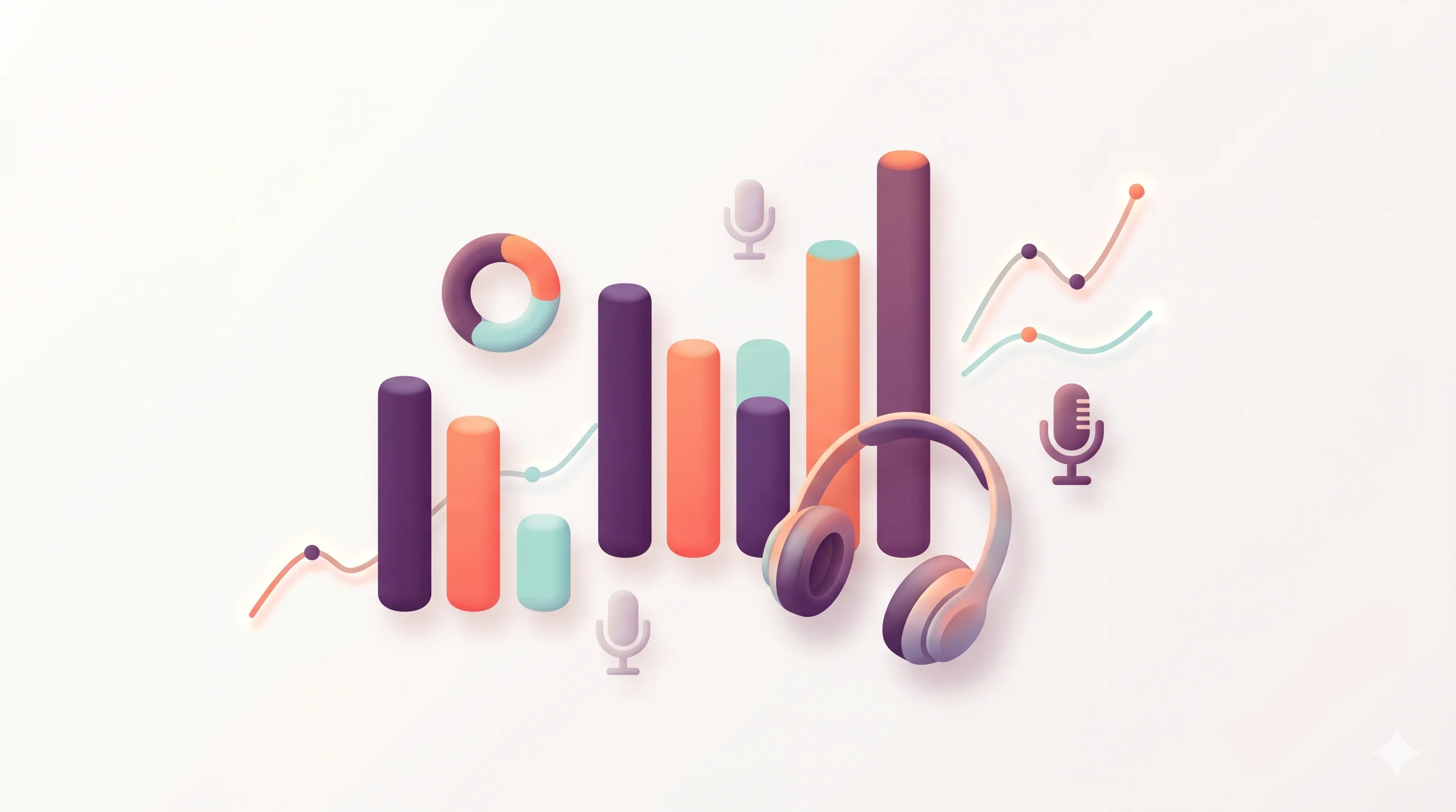 Tableau de bord coloré présentant des statistiques sur les catégories de podcasts francophones, avec graphiques en barres et icônes de microphone